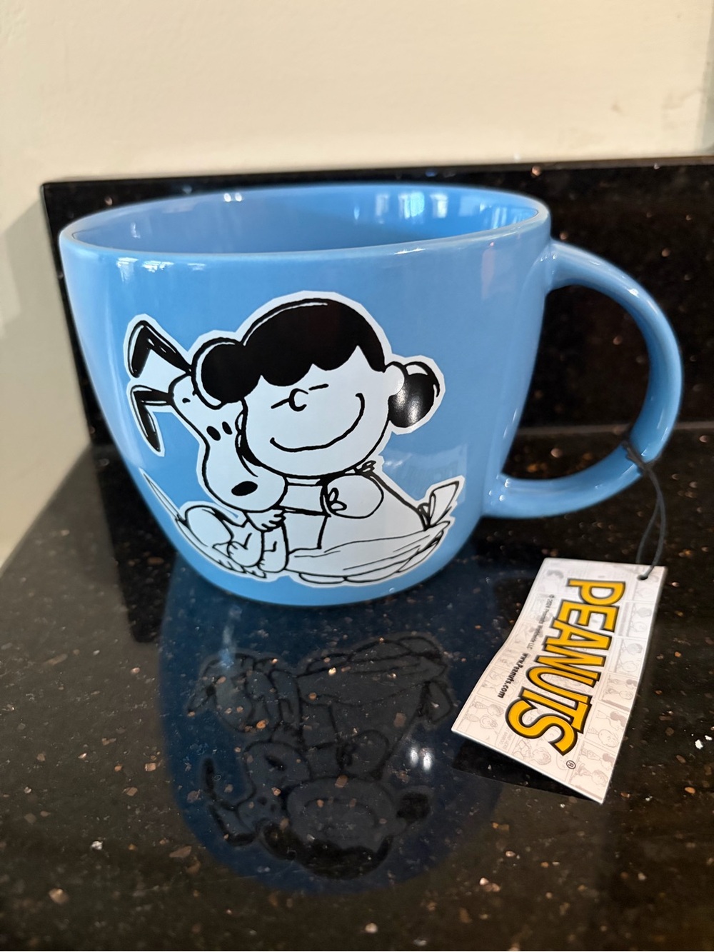 New Peanuts Light Blue Ceramic soup or chili mug with Lucy & Snoopy Graphic